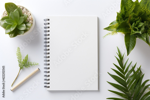 Blank notebook with plant and pencil on white background for mockup