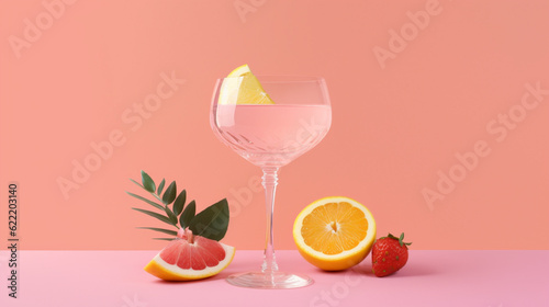 A pink drink with strawberries, lemons, and strawberries on a pink, Generative AI