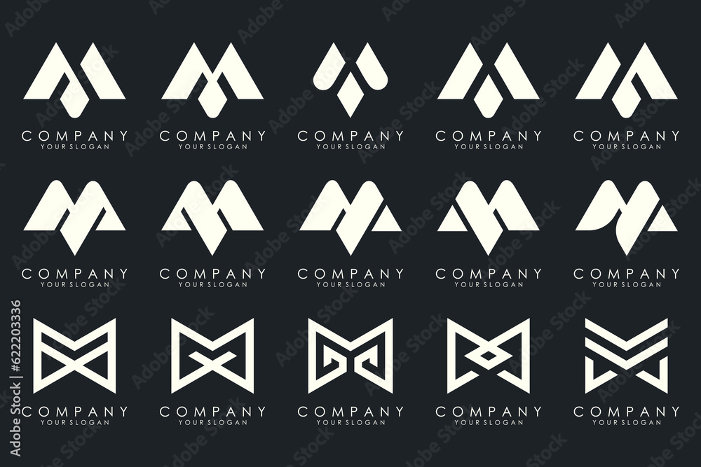 Set of letter M logo design vector. Collection of modern M letter design in white.