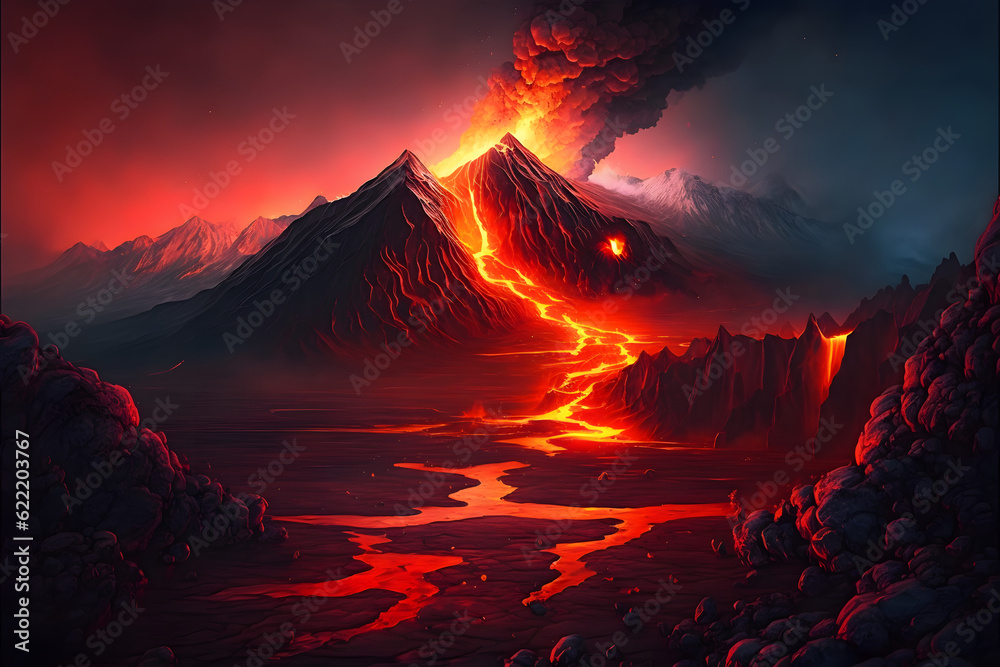 A Breathtaking Mountain Landscape With A Fiery Volcanic