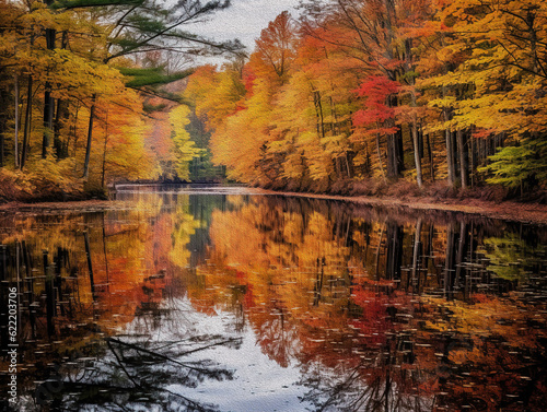 Reflections of autumn foliage in the calm water of a forest river. AI Generated