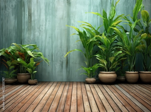 Old wooden decking and plant with wall garden decorative. Created with Generative AI technology.