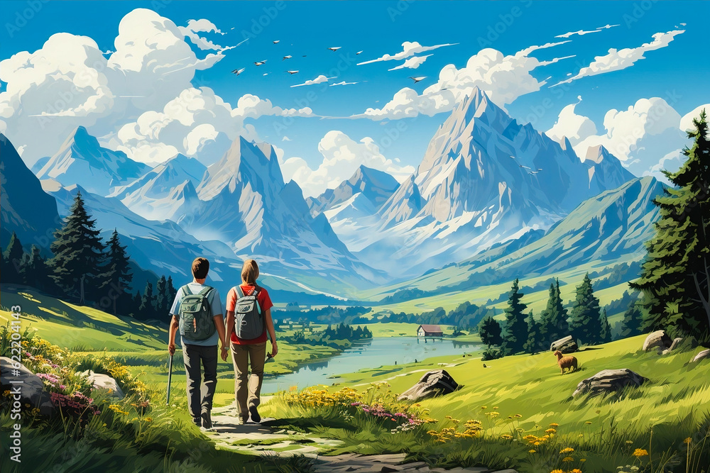 Naklejka premium Travelers admire the mountain landscape. Generative AI