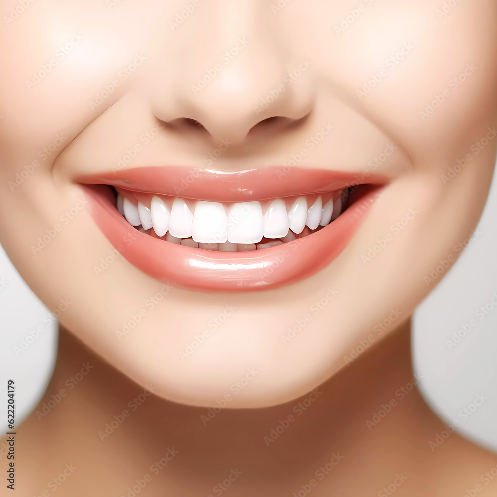 Fototapeta premium Close up smiling woman with healthy teeth. Generative ai design.
