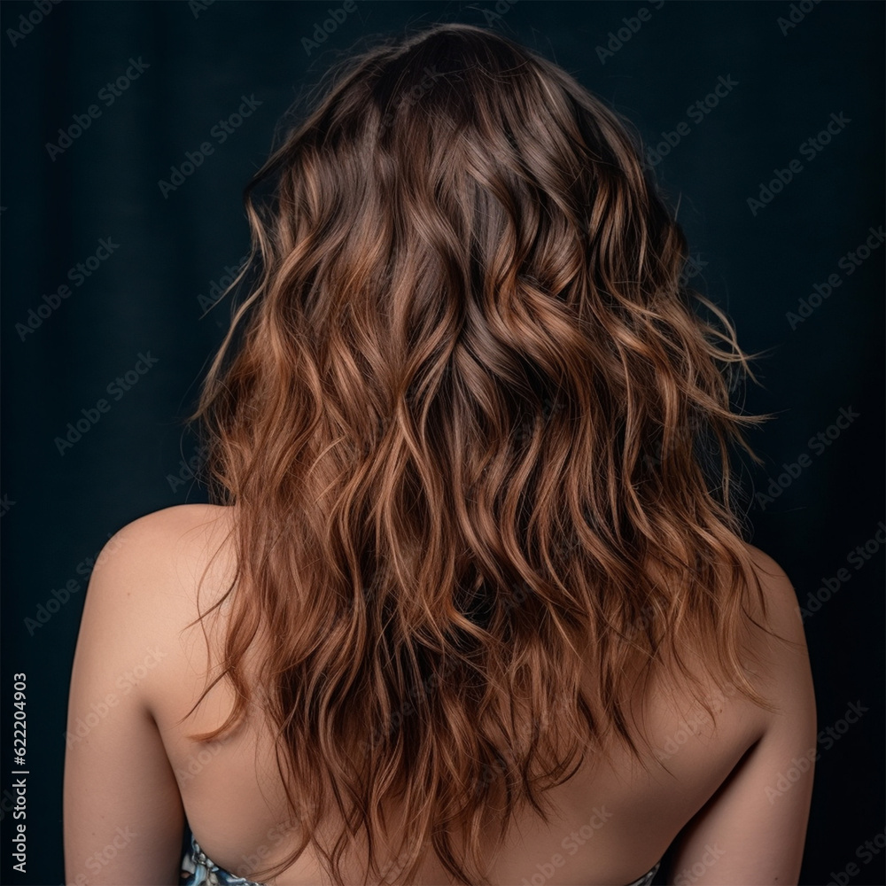 Fototapeta premium young woman with dark and curly hair .back view. Banner or poster. Social media content for beauty salons. Generative AI