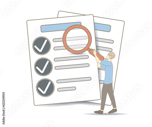 Successfully complete business assignments icon. Magnifying glass with a checklist on clipboard paper. 2d vector illustration