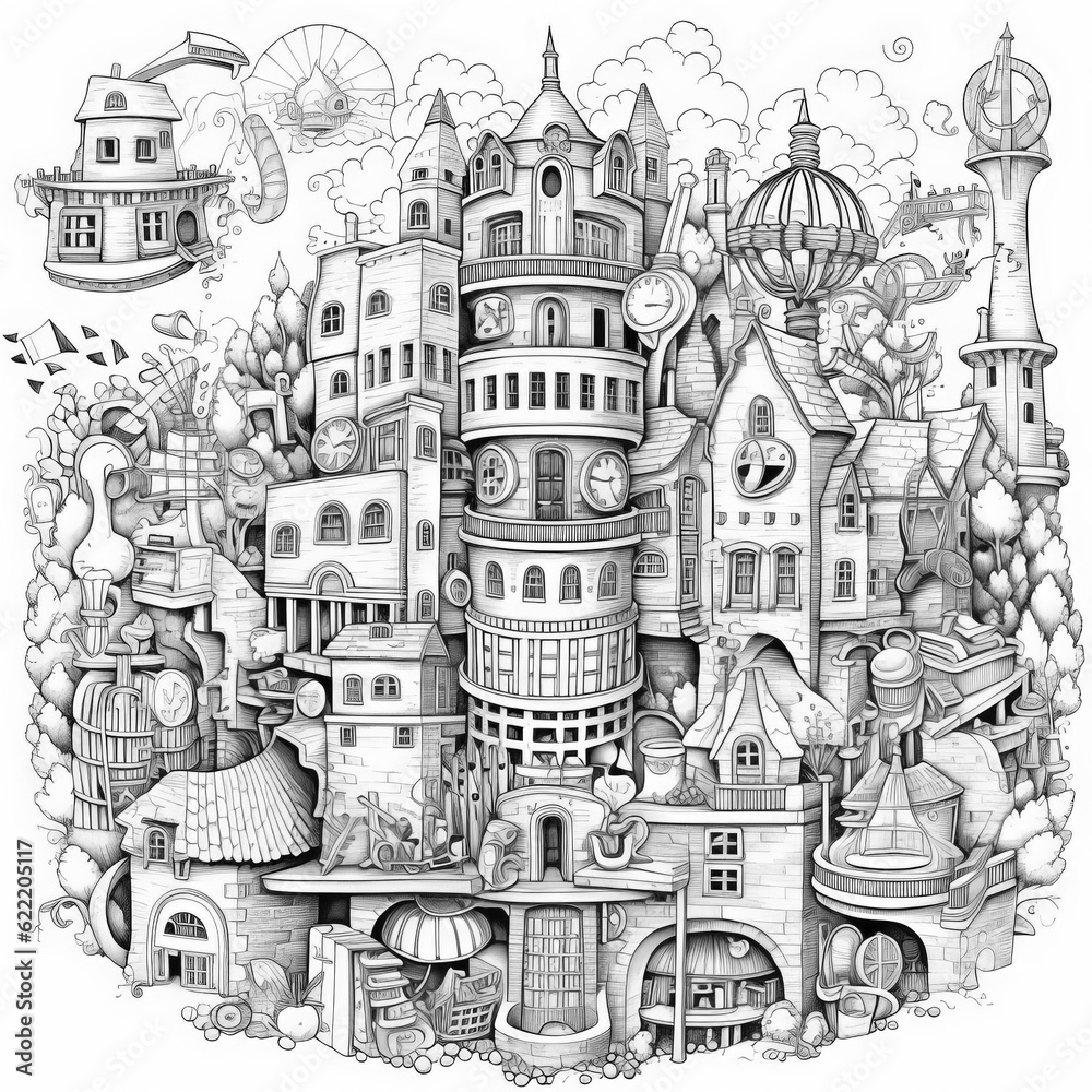 Obraz premium Fairytale city wonderland. Hand drawing doodles with black pen. Generative AI