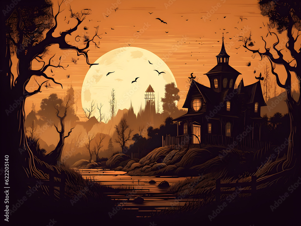 Mysterious Haunted Mansion under the Full Moon, Dark and Creepy Halloween Illustration. generative ai