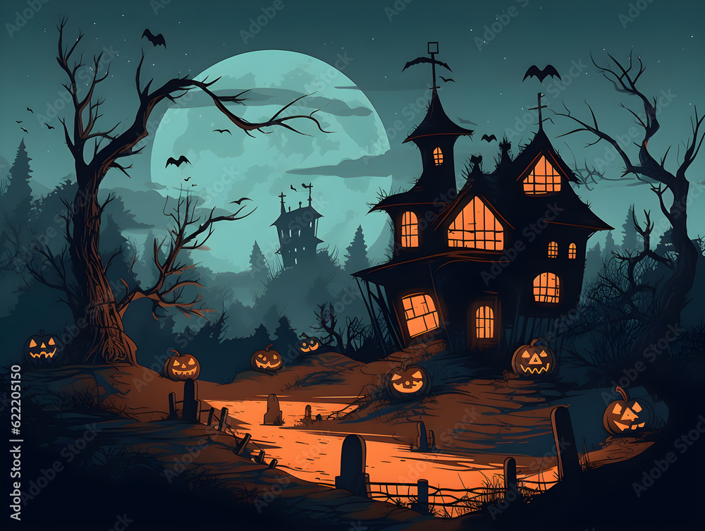 Haunted House and Full Moon, Spooky Halloween Background Illustration for Creepy Designs. generative ai