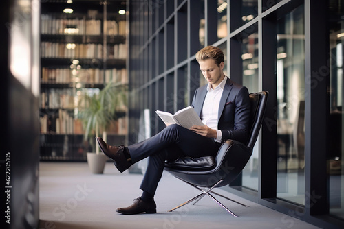 Young businessman man reading while sitting on office chair, Generative AI