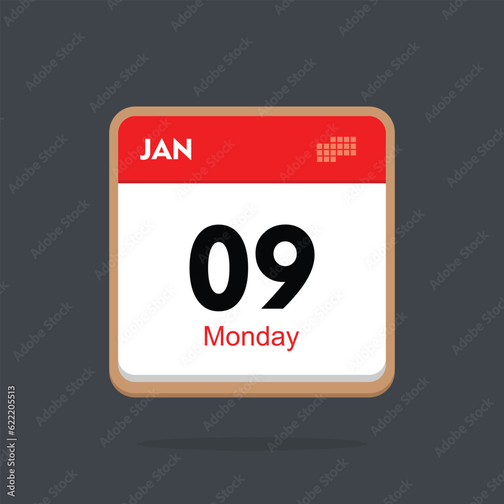 monday 09 january icon with black background, calender icon