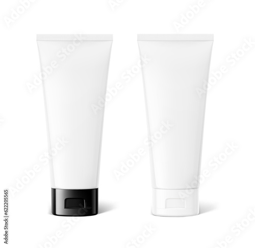 White and black plastic tube mockup with flip top cap. Vector illustration isolated on white background. Can be use for your design, advertising, promo and etc. EPS10.