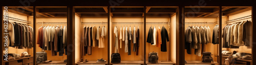 Dark men's dressing room interior with stylish clothes and accessories. Generative AI © Margo_Alexa