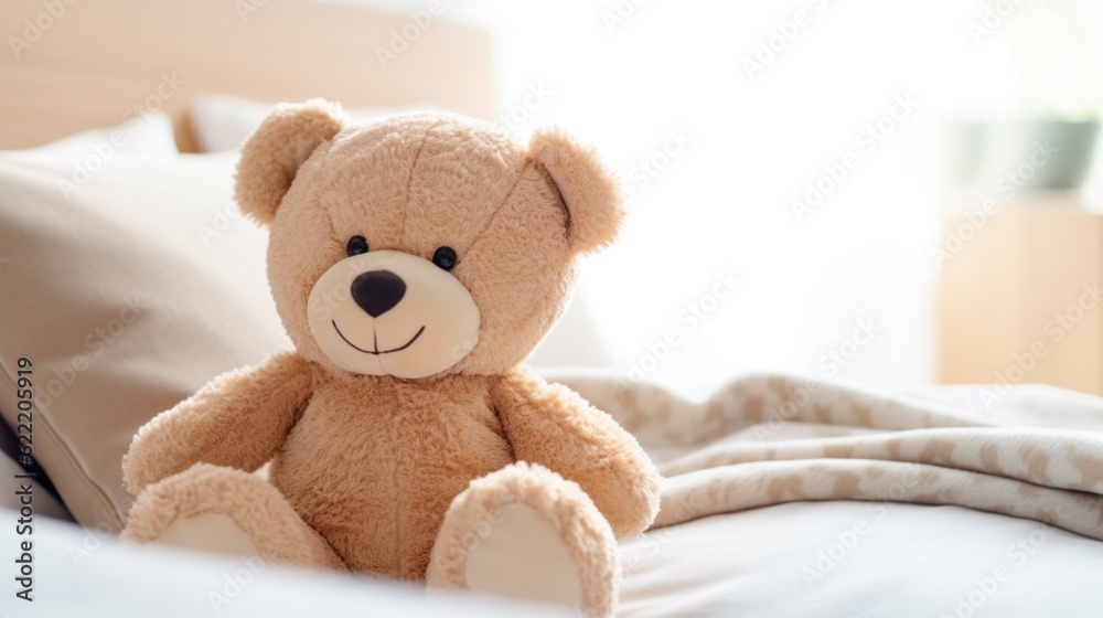 Smiling brown fluffy teddy bear sitting on cozy bed.