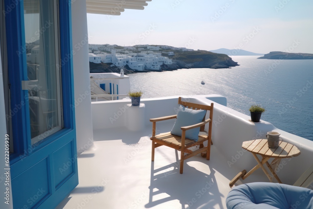 Fototapeta premium Close-Up of Luxurious lounge on a Traditional Greek Island Terrace with a Stunning Sea View.