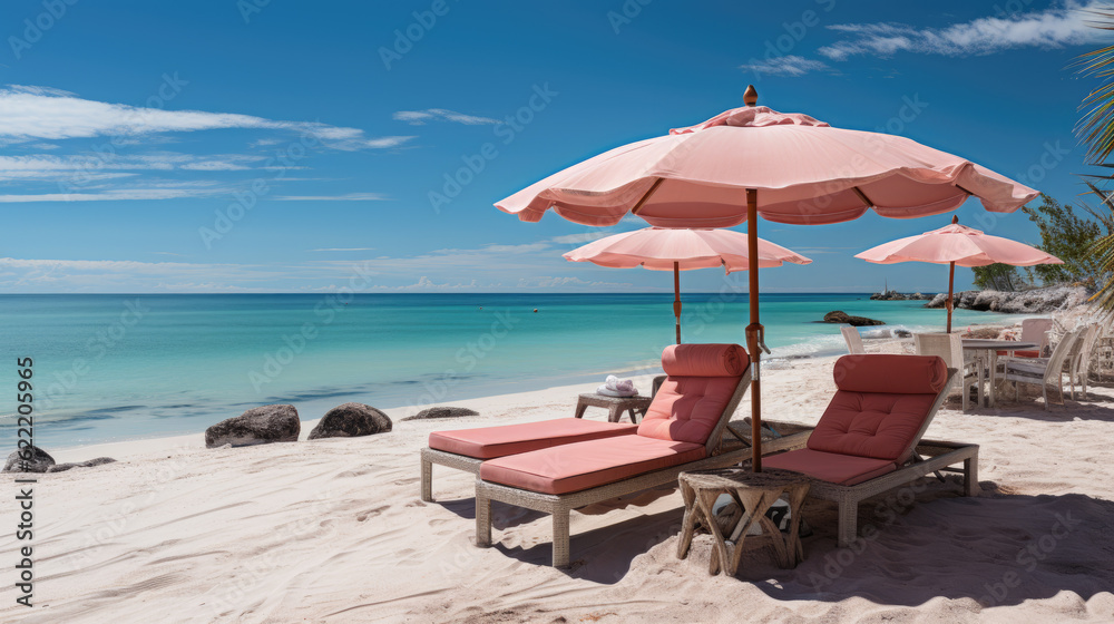 Generative ai illustration of lounger and umbrella on sand beach