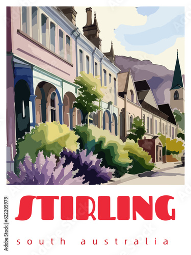 Stirling: Retro tourism poster with a Australian landscape and the headline Stirling / South Australia