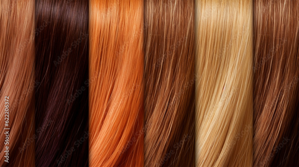 Samples of color and quality of natural hair for hair extensions or making wigs. Hair extensions and styling. Social media content for beauty salons. palette of color shades.Generative AI