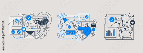 Market research data analysis, analyze business data or financial report, SEO analytics or profit and earning concept. Vector illustration