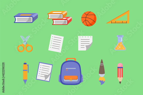 School supplies Collection. Back to school equipment flat illustration isolated on white background