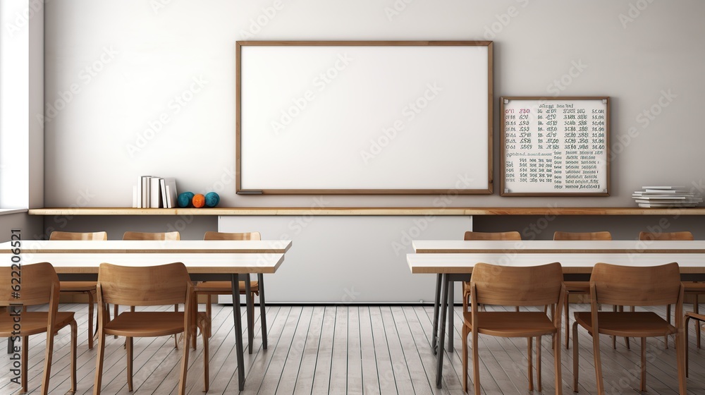 Modern Classroom design with modern desks, seats, blackboard, watch and door Modern Classroom design with modern desks, seats, blackboard, watch and door