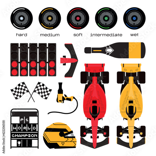 Formula 1 set. Types of tire, car, helmet, pit stop, podium, lights out. Speed racing tournament. Formula One championship. Motorsport concept. Vector Illustration isolated on background