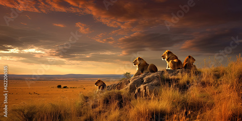 Fototapeta Wild lions in the African savannah at sunset. Generative AI
