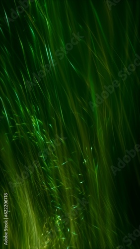 Neon green swarm of rising glowing particle light streaks. Festive shiny luxury product showcase with soft elegance as futuristic dynamic backdrop. Vertical 3D illustration wallpaper background.