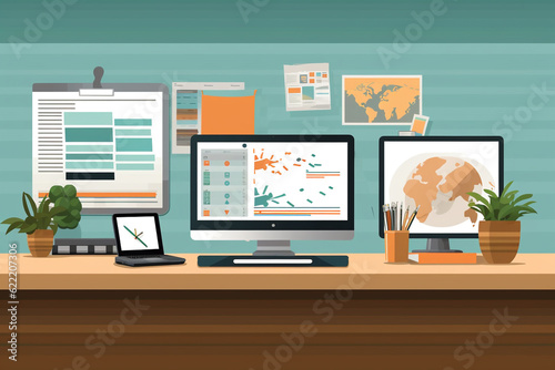 Flat Design business technology on desk vector graphic. generated ai © Zz