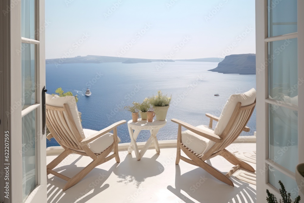 Luxurious Mediterranean Balcony with a Close-Up of Deck Chairs on a summer vacation day