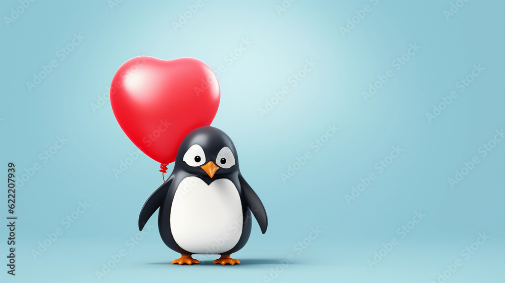 Fototapeta premium a cute penguin holding a heart balloon created by generative AI