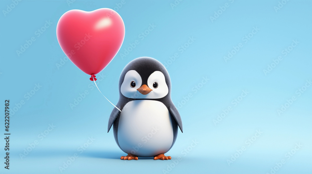 Fototapeta premium a cute penguin holding a heart balloon created by generative AI