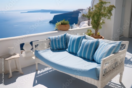 Sleek and luxurious Mediterranean lounge area with a Close-Up of balcony on a summer vacation day in greece