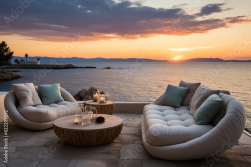 Interior Design of a Luxurious Greek Island Villa. Close-Up of chairs and sofa on a terrace with a Stunning Sea Sunset View