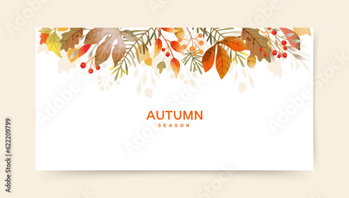 Autumn watercolor vector border with leaves, branches and berries, isolated on a white. Fall season background