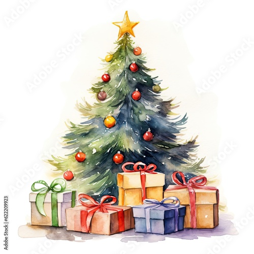 Watercolor christmas tree with gift boxes presents, christmas design. Generative AI