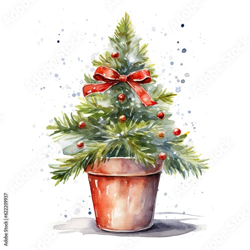 Watercolor small decorated christmas tree in a pot, christmas design. Generative AI