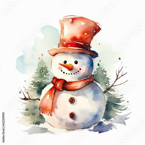 Photo Cute watercolor snowman with red hat and scarf, with carrot nose, christmas clipart
