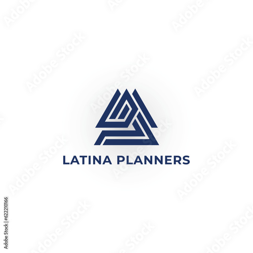 Abstract initial letter LP or PL in blue color isolated in white background. Letter LP logo design with triangle style applied for wealth management firm logo design inspiration template