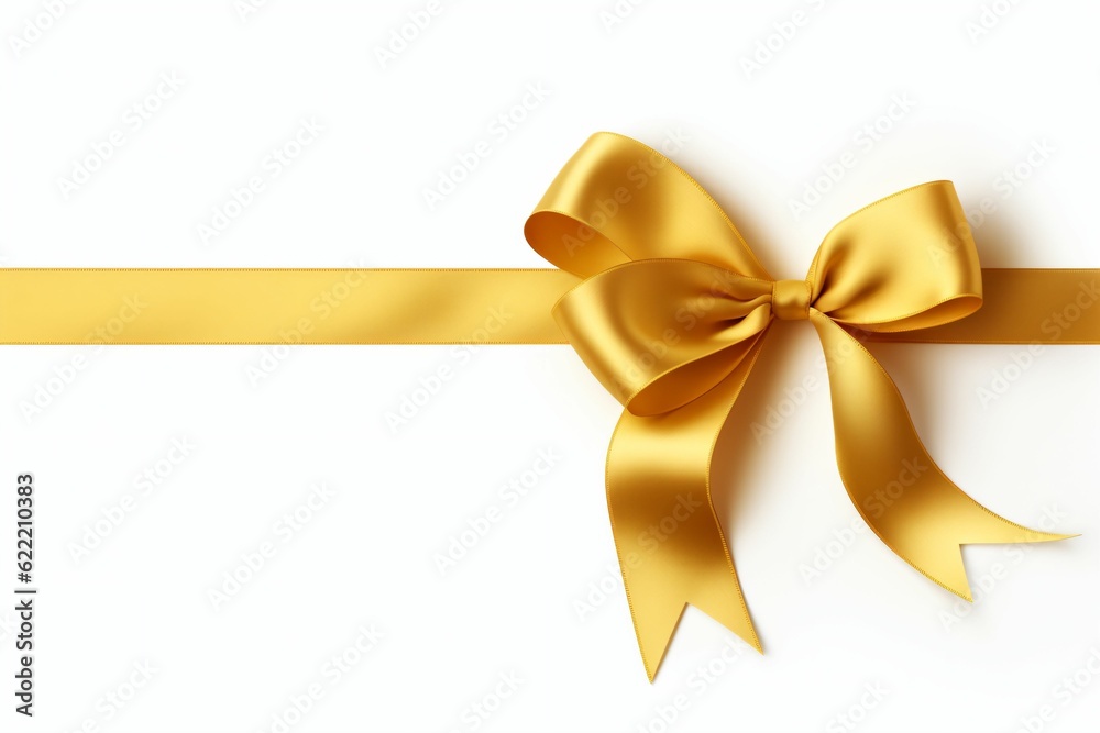 A curly gold ribbon for Christmas and birthday present banner isolated against a white background - Generative AI A curly gold ribbon for Christmas and birthday present banner isolated against a white background - Generative AI