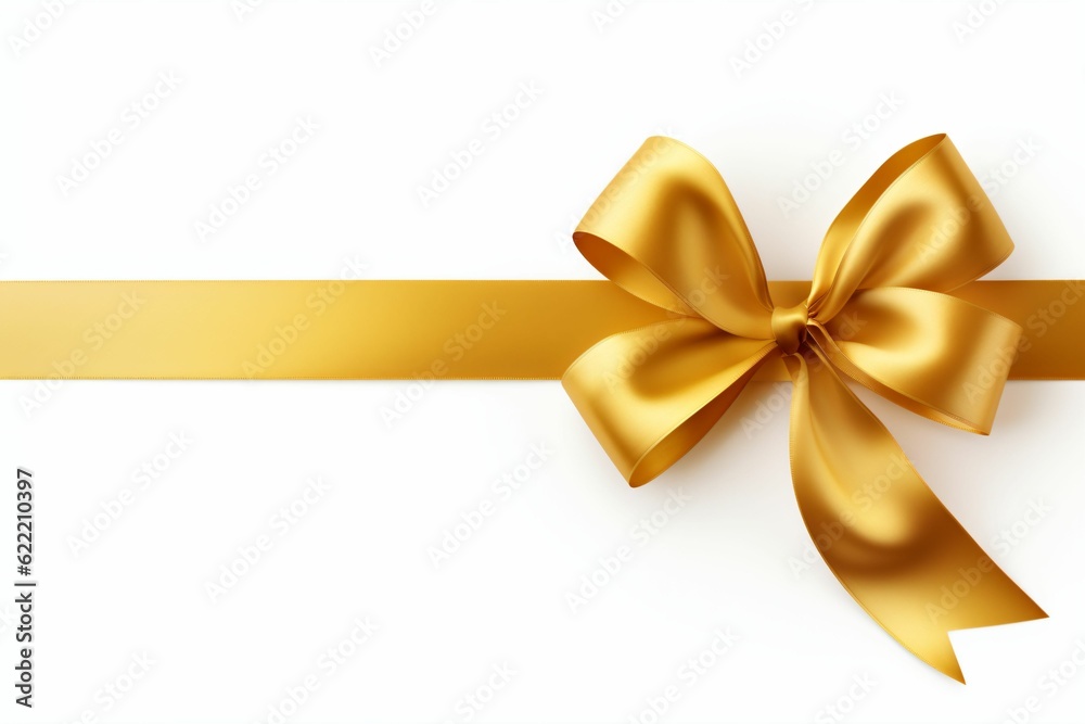 A curly gold ribbon for Christmas and birthday present banner isolated against a white background - Generative AI A curly gold ribbon for Christmas and birthday present banner isolated against a white background - Generative AI