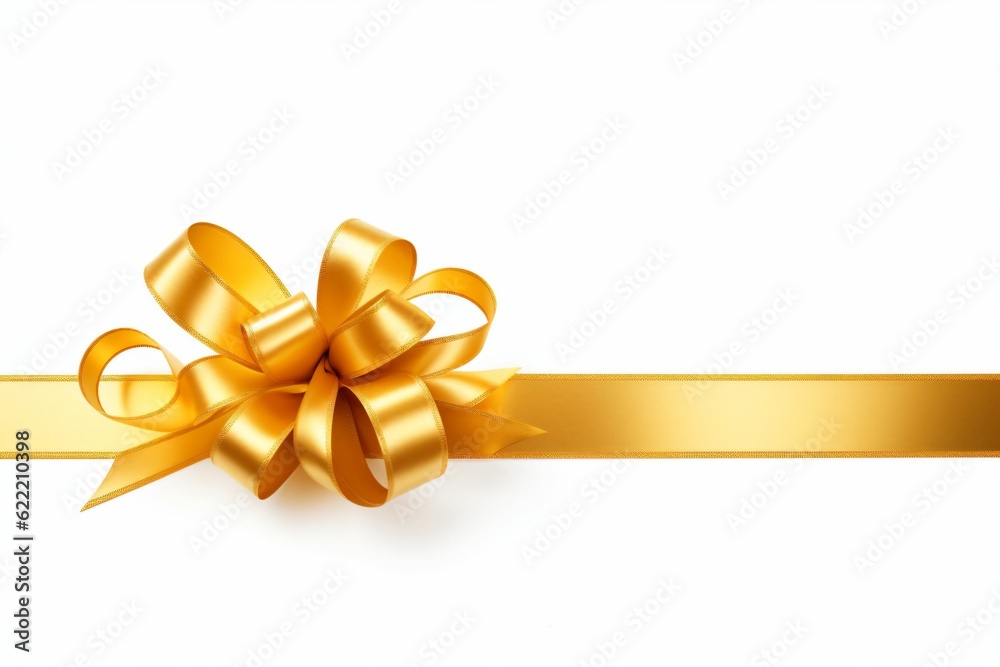 A curly gold ribbon for Christmas and birthday present banner isolated against a white background - Generative AI A curly gold ribbon for Christmas and birthday present banner isolated against a white background - Generative AI
