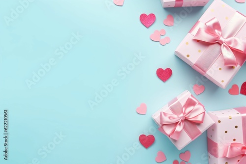 Mother's Day appreciation gift concept. Top view flat lay photo of beautiful present boxes with pink ribbons, and pink paper hearts on pastel blue background - Generative AI