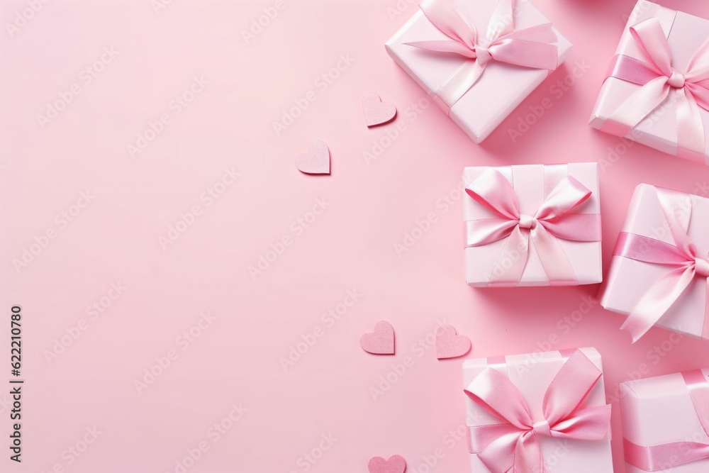 Valentine's Day concept. Top view photo of stylish present boxes with white ribbon bows and heart shaped sprinkles - Generative AI Valentine's Day concept. Top view photo of stylish present boxes with white ribbon bows and heart shaped sprinkles - Generative AI