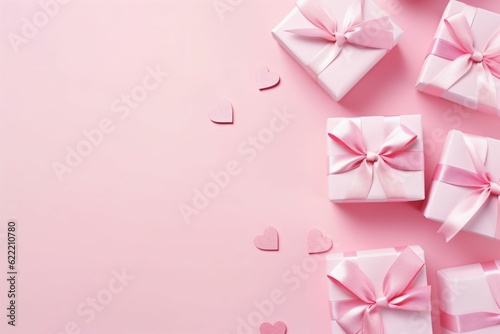 Valentine s Day concept. Top view photo of stylish present boxes with white ribbon bows and heart shaped sprinkles - Generative AI