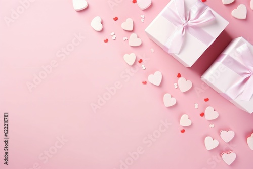 Valentine's Day concept. Top view photo of stylish present boxes with white ribbon bows and heart shaped sprinkles - Generative AI
