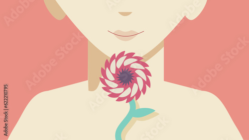 Flat style Naked Woman Bust Illustration with Red Flower, Natural Feminism, Pale Orange Background