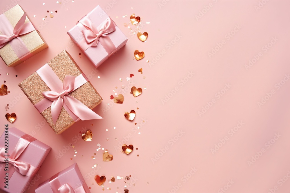 Valentine's Day concept. Top view photo of gift boxes with silk ribbon bows decorative clips heart shaped candles - Generative AI
