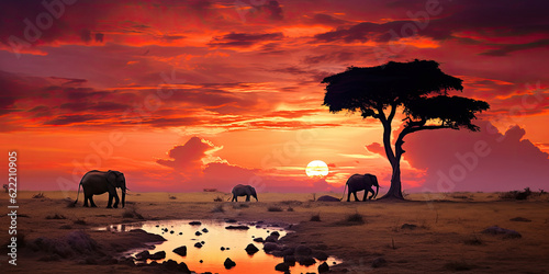Group of elephants in the African savannah at dusk. Generative AI © Farnaces