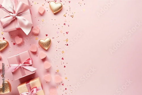 Valentine's Day concept. Top view photo of gift boxes with silk ribbon bows decorative clips heart shaped candles - Generative AI © seogi